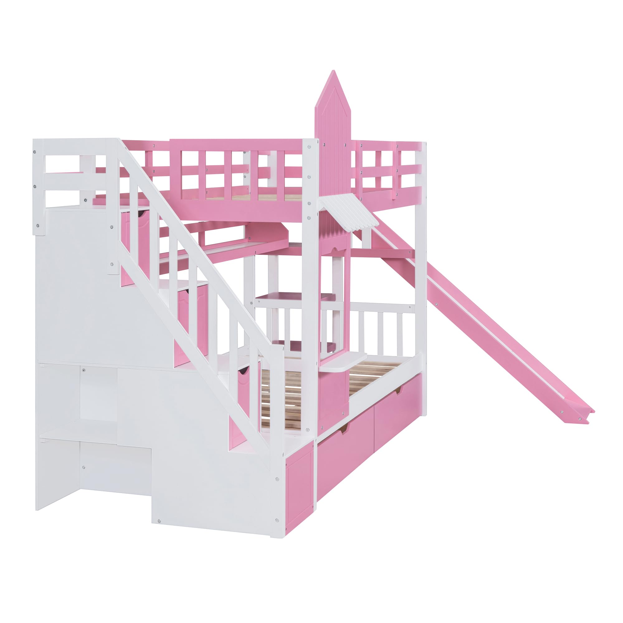 Bellemave Twin Over Twin Castle Bunk Bed with Slide & Storage Stairs, Wood Playhouse Bunk Beds Frame with Shelves & Drawers, Pink Princess Bunk Bed for Girls Boys Teens, No Box Spring Needed