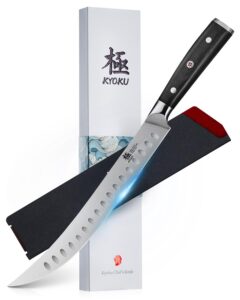 kyoku 10" scimitar knife, samurai series cimitar breaking knife with pakkawood handle, japanese high carbon steel butcher knife, full tang meat slicing knife for roast ham poultry with sheath and case