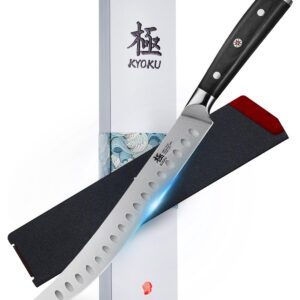 KYOKU 10" Scimitar Knife, Samurai Series Cimitar Breaking Knife with Pakkawood Handle, Japanese High Carbon Steel Butcher Knife, Full Tang Meat Slicing Knife for Roast Ham Poultry with Sheath and Case