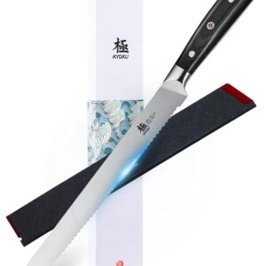 KYOKU 10" Serrated Bread Knife, Samurai Series Serrated Knife for Homemade Bread Pastries with Pakkawood Handle, Japanese High Carbon Steel Cake Knife, Full Tang Bread Cutting Knife with Sheath & Case