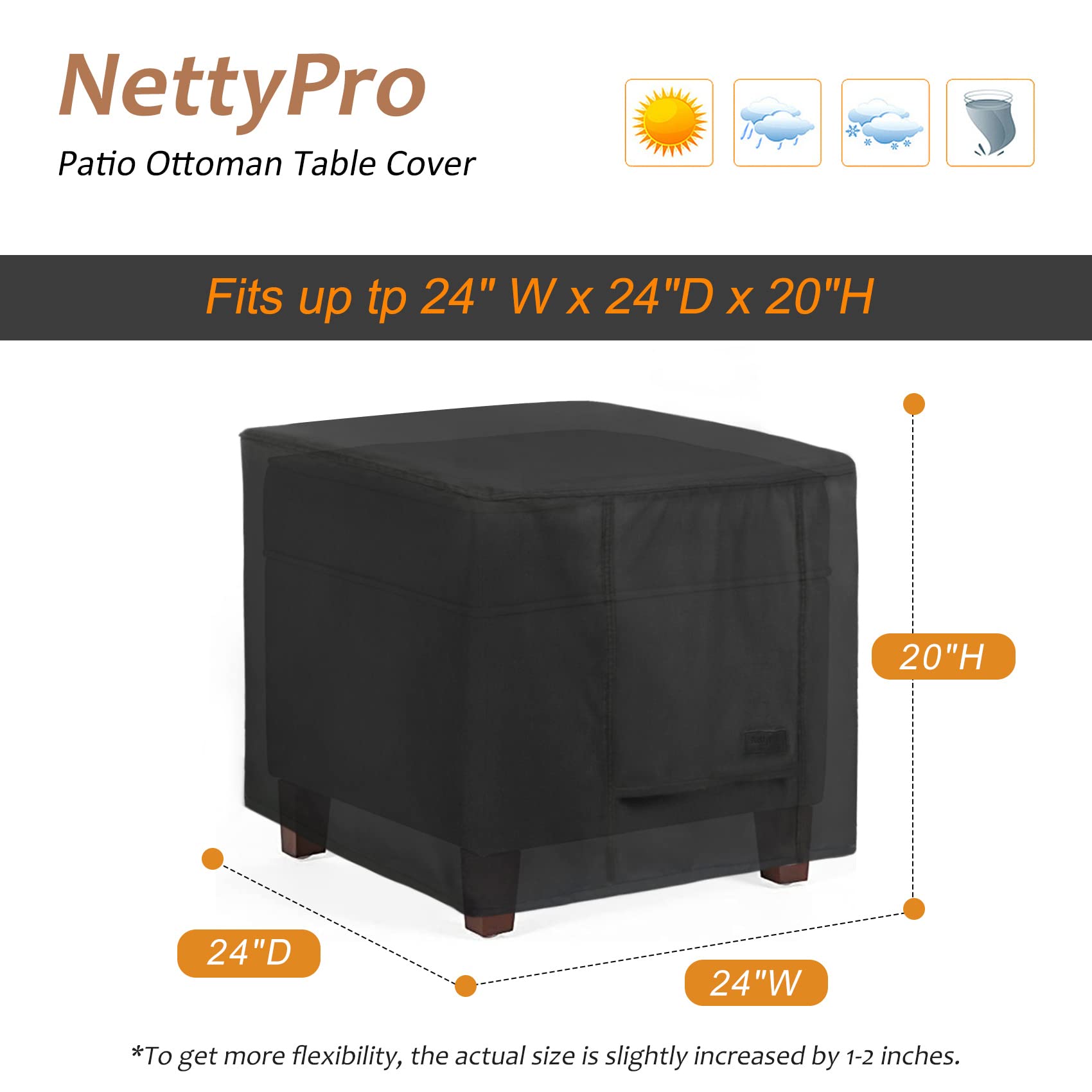 NettyPro Waterproof Patio Ottoman Cover Square Outdoor Furniture Side Table Cover, 24L x 24W x 20H inch, Black