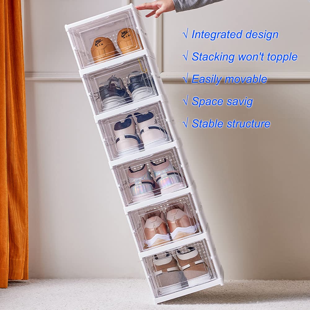 NATGIFT Foldable Shoe Rack Collapsible Storage Box Size up to 14, Stackable Plastic Bins Tote with Lids Organizing Installation Free Clear Dustproof 6 Layers