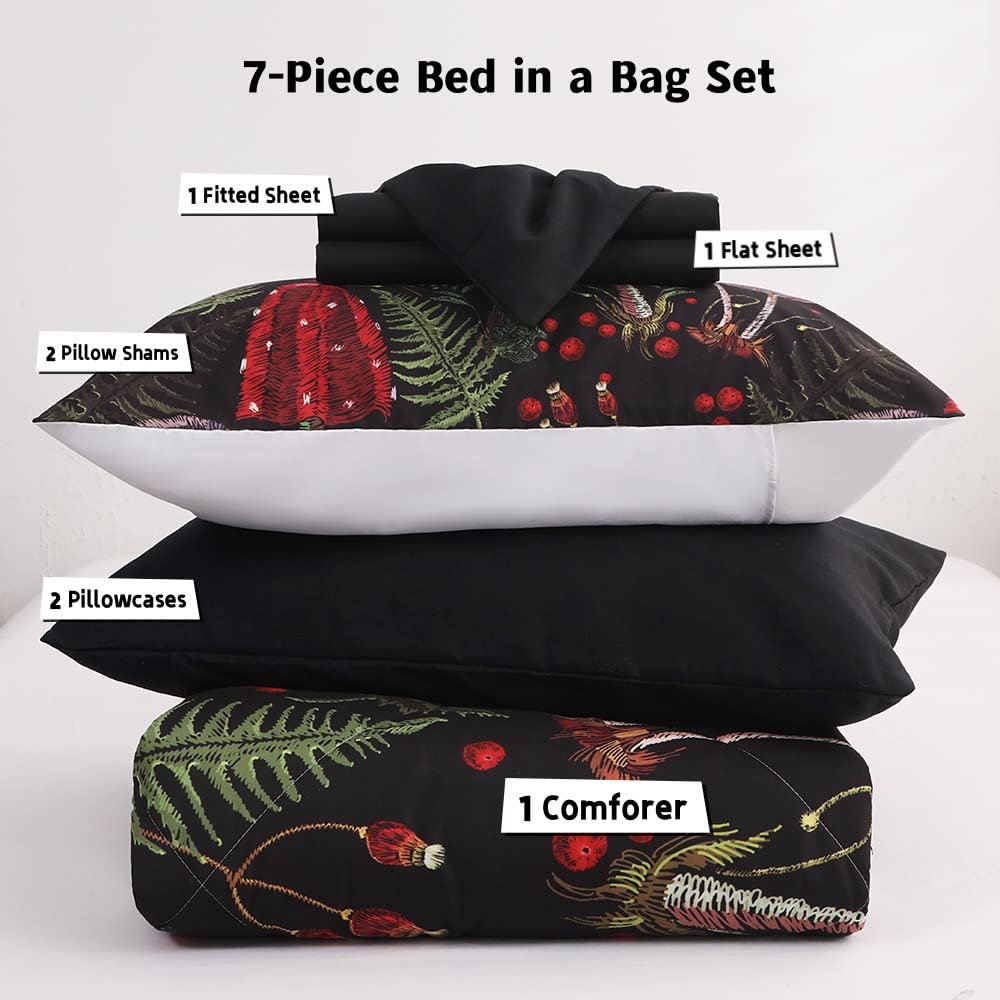 Gusuhome 7 Piece Mushroom Comforter Set King Size Mushroom Bedding Set Bed in A Bag 3D Plants Black Boho Quilt Set for Kid Boys Girls Teens Woman Adults All Season