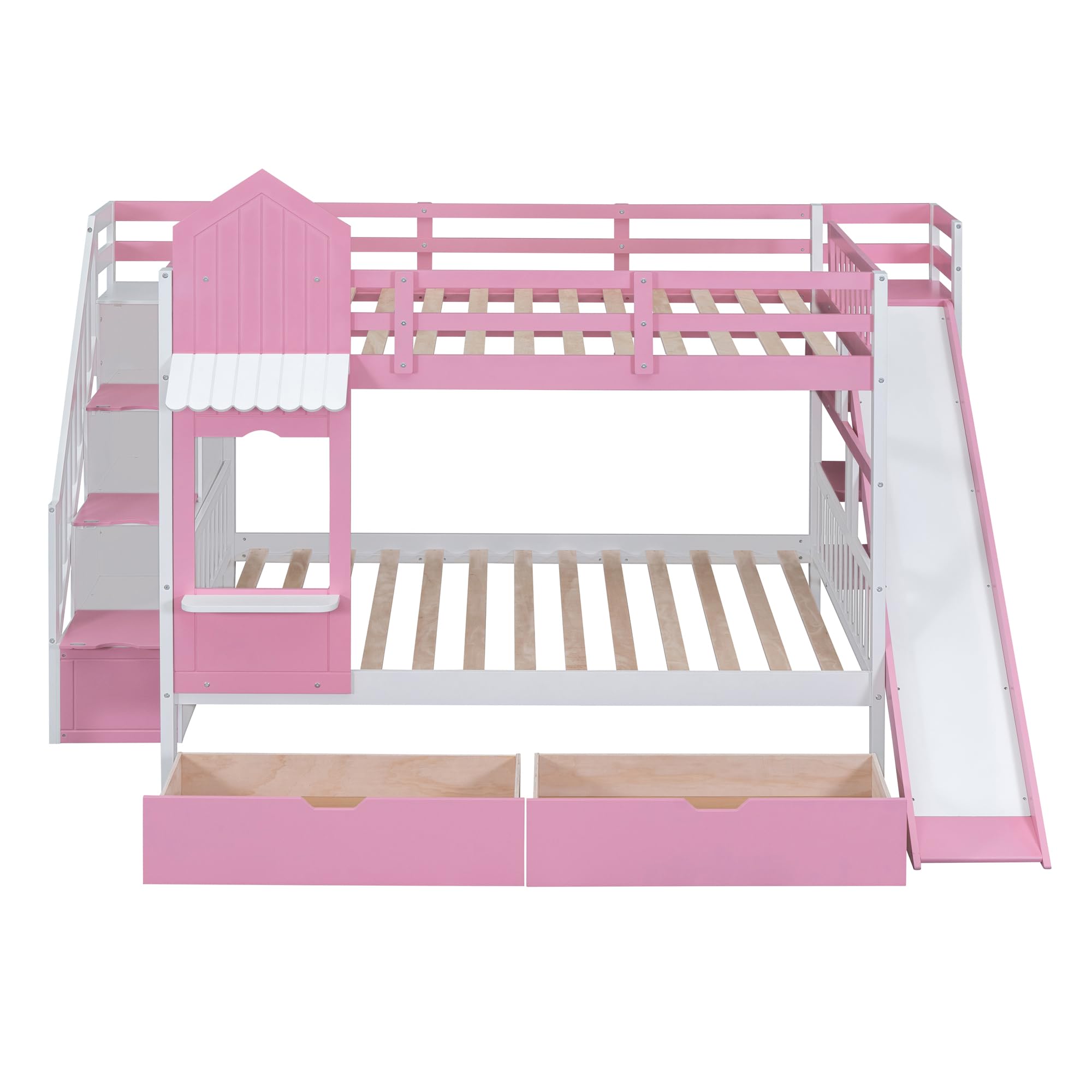 Kids Bunk Bed with Stairs and Slide, Wood Full Over Full Bunk Bed with Storage Drawers and Shelves, Castle Style Bunk Beds for Kids Teens Girls Boys, Pink