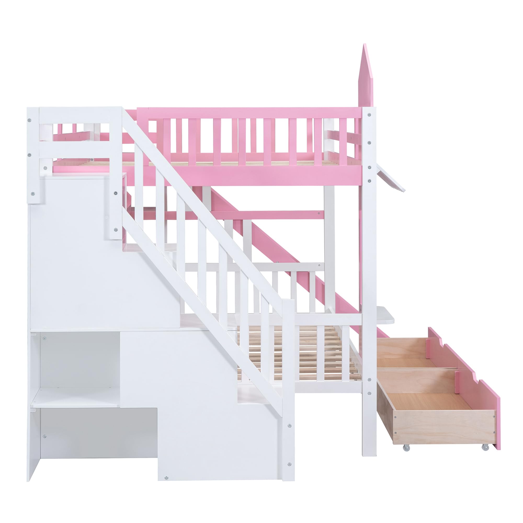 Harper & Bright Designs Full Over Full Bunk Bed with Stairs and Slide, Solid Wood Bunk Bed Frame with Storage Drawers and Bookshelf, for Kids Teens Girls Boys (Pink)