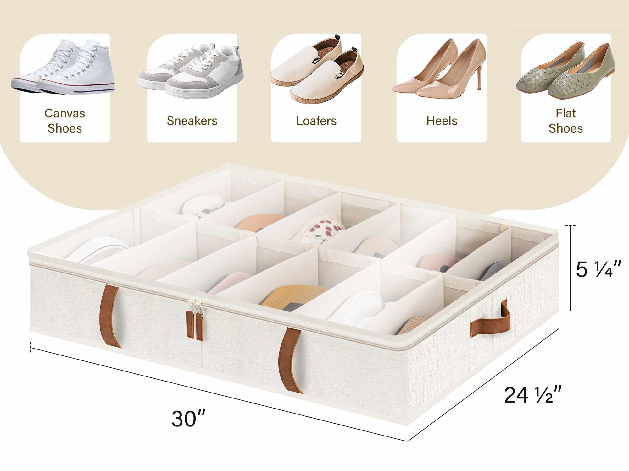 StorageWorks Under Bed Shoe Storage Organizer, Underbed Shoes Container with Adjustable Dividers, Shoe Storage Basket with Cover, Beige, 2-Pack, Space-Saving Shoe Box Fits up to 24 Pairs