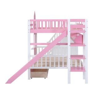 Kids Bunk Bed with Stairs and Slide, Wood Full Over Full Bunk Bed with Storage Drawers and Shelves, Castle Style Bunk Beds for Kids Teens Girls Boys, Pink