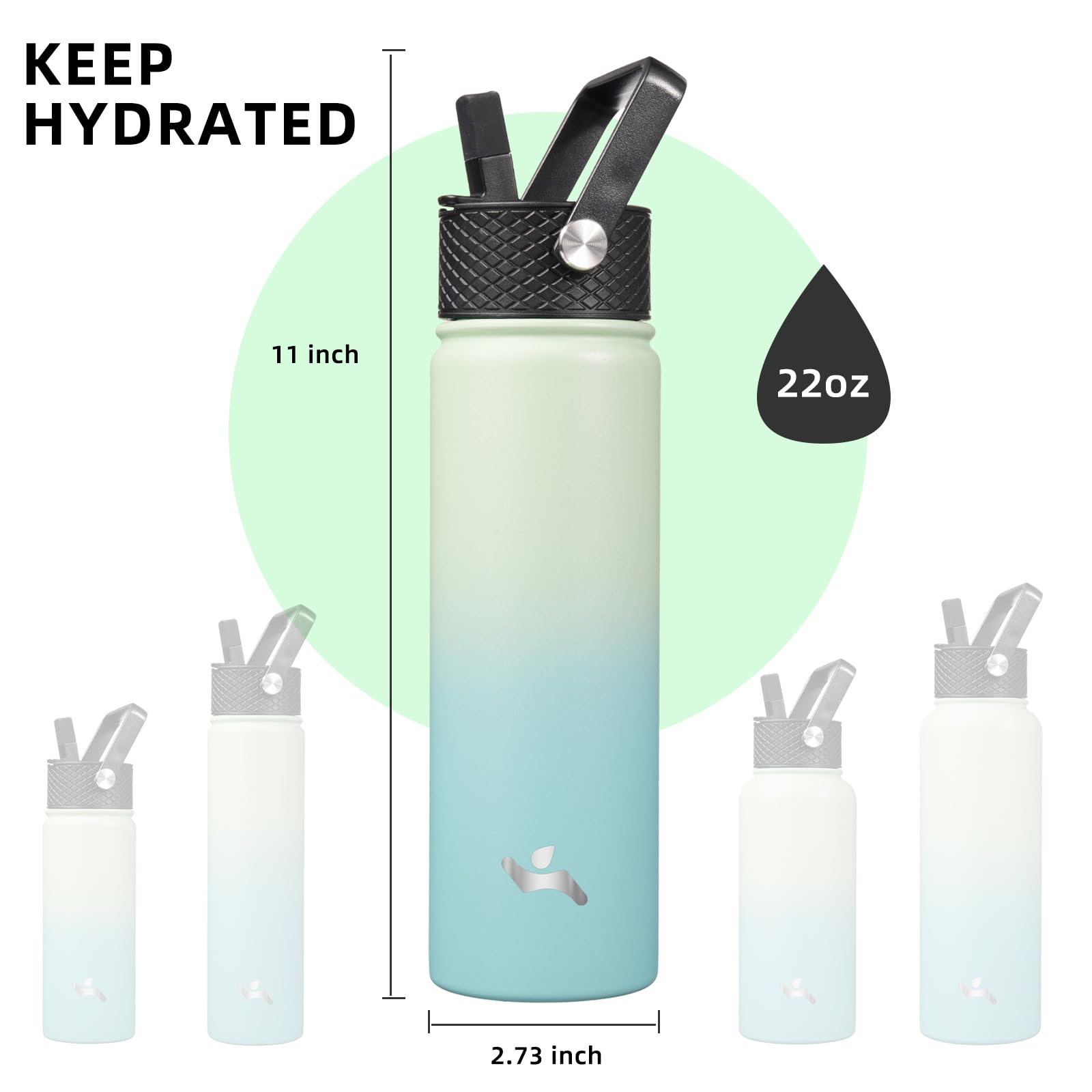 Konokyo 22oz Stainless Steel Water Bottles With 3 Lids Sport Insulated Water Bottle,Mint