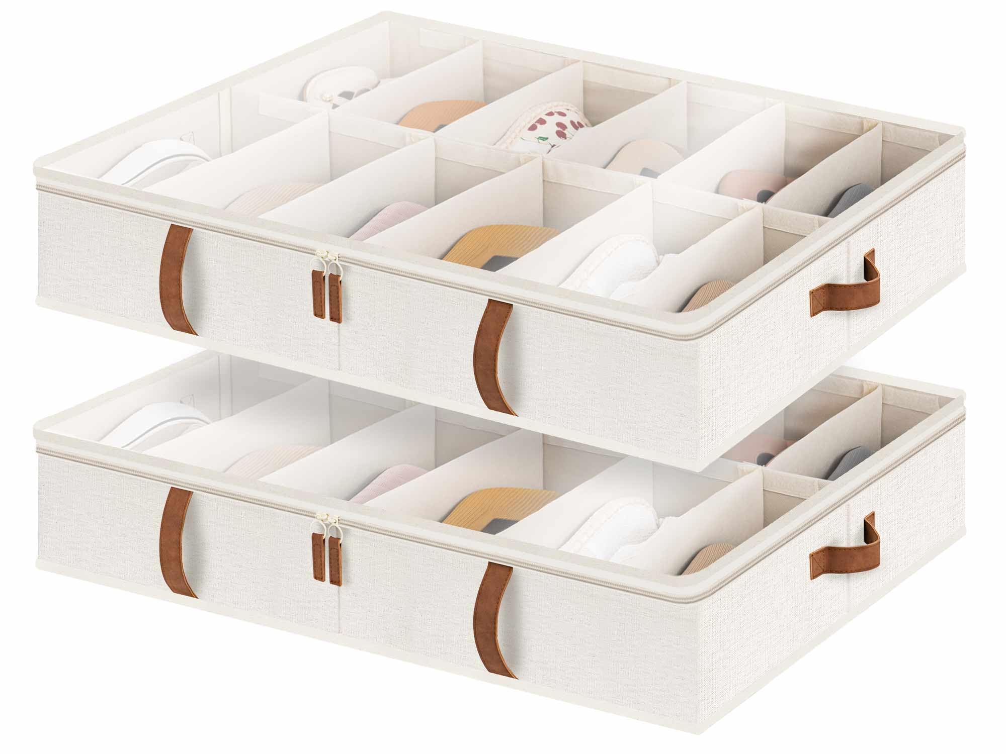 StorageWorks Under Bed Shoe Storage Organizer, Underbed Shoes Container with Adjustable Dividers, Shoe Storage Basket with Cover, Beige, 2-Pack, Space-Saving Shoe Box Fits up to 24 Pairs