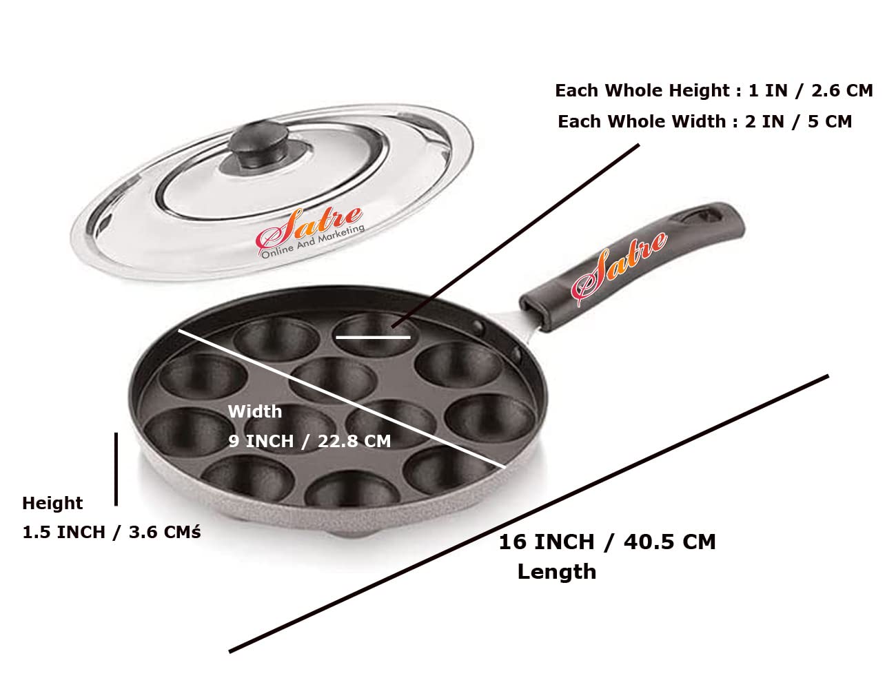 Non Stick Aluminium Appam Pan 12 Cavity With Handel and Stainless Steel Lid - Blak and Silver