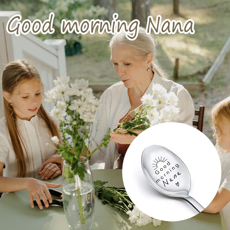 Good Morning Nana Spoon Gifts from Granddaughter Grandson Grandma Coffee Tea Spoons Gift for Nana Mothdays Day Birthday Gifts for Grandma Granny Nana Engraved Spoons