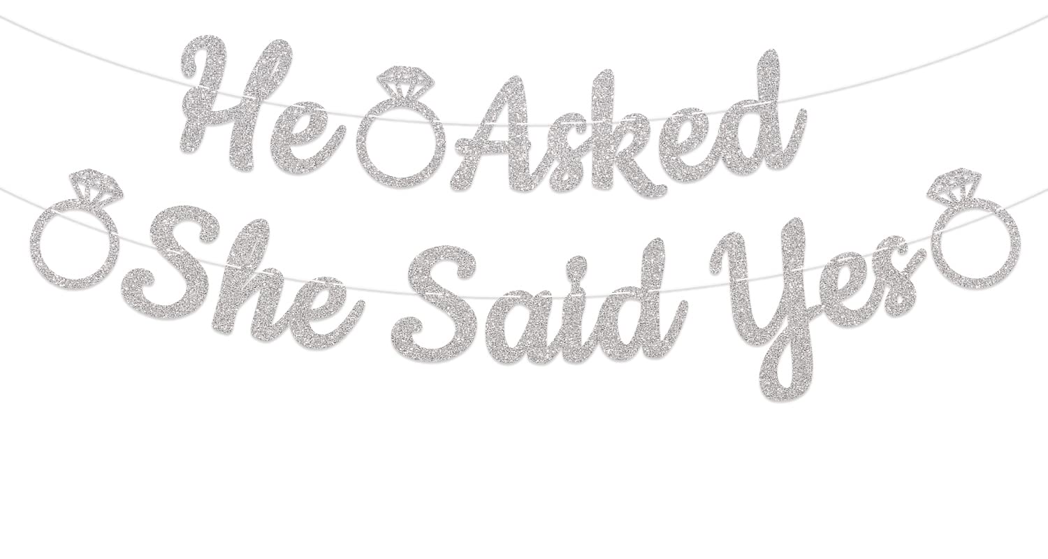 He Asked She Said Yes Banner Silver Glitter, Bride to Be Party Decor, Wedding Engagement Bridal Shower Party Decorations