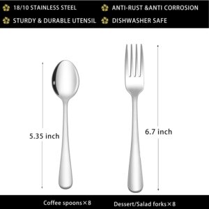 Small Spoons and Forks Set, Set of 16 Top Food Grade Stainless Steel Forks and Spoons Silverware Set, kitchen utensil Dessert Salad Forks (6.7 Inch) and Coffee Dessert Spoons (5.35 Inch) Cutlery Set