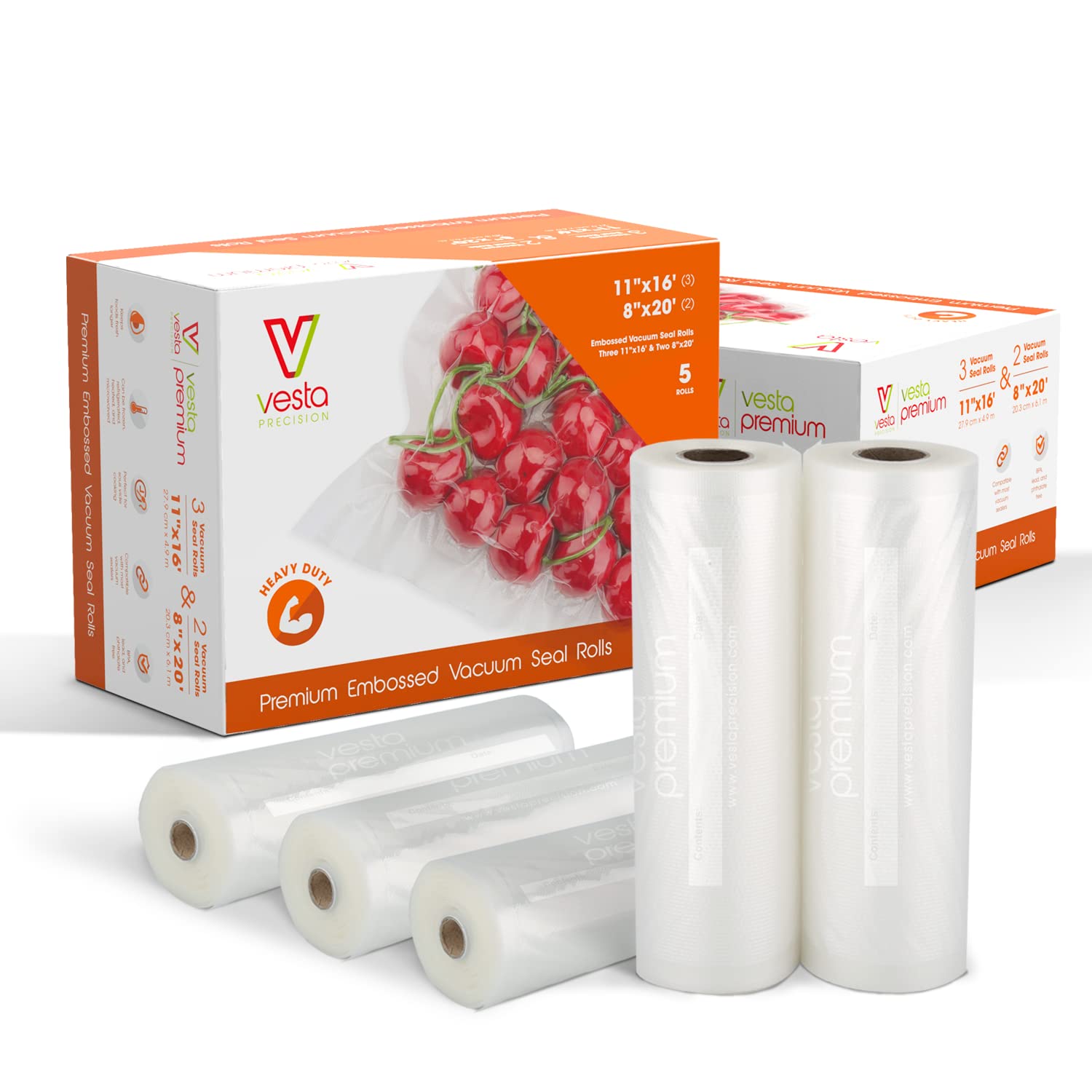 Vesta Precision Premium Vacuum Sealer Bags Rolls - 8” x 20’ (2 Rolls) | 11” x 16’ (3 Rolls) 5 Mil Thickness, Puncture Resistant, Ideal for Food Storage, Meal Prep, and Sous Vide