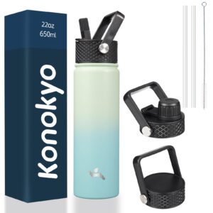 konokyo 22oz stainless steel water bottles with 3 lids sport insulated water bottle,mint