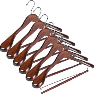 Wide Shoulder Wooden Hangers 6 Pack Non Slip Pants Bar, Smooth Finish Wood Suit Hanger for Men and Women Coat Hangers for Closet, Suit, 360° Swivel Hook, for Dress, Jacket, Heavy Clothes Hangers