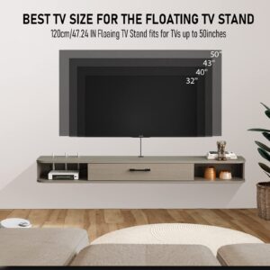 Pmnianhua Floating TV Stand,47'' Wall Mounted Floating Media Console for TVs up to 50 inches,Floating TV Shelf with Storage for Gaming Consoles Small Spaces Apartments, Bedrooms (Light Grey Oak)