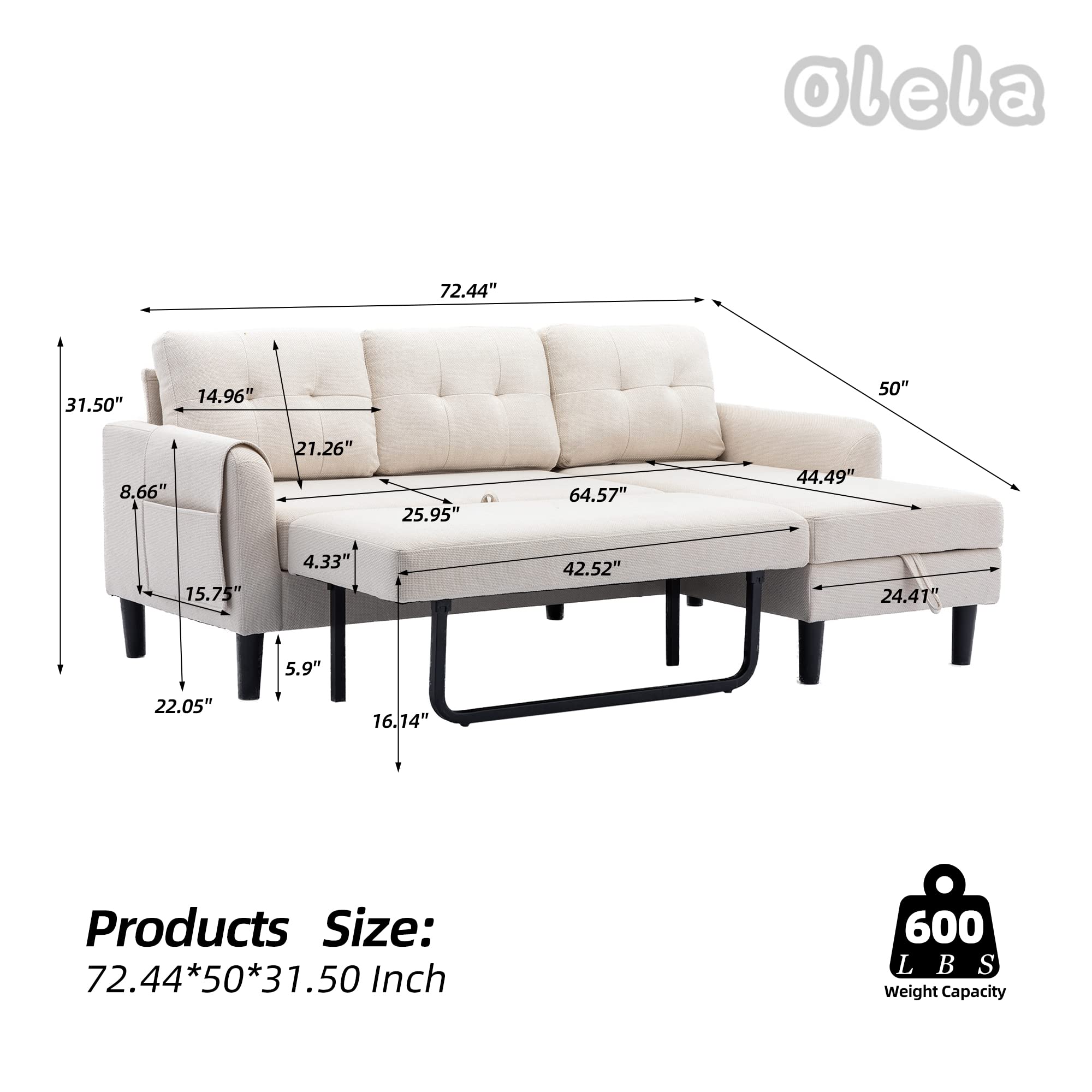 Olela Pull Out Sleeper Sofa Couch,Linen Convertible Sofa Bed L Shape Sectional Sofa with Storage Chaise and Pocket for Living Room (Beige-Tufted Back)