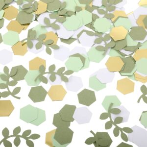 crtiin 500 pcs greenery gold eucalyptus confetti baby shower confetti hexagon scatter boho scatter table decoration for wedding bridal party classroom nursery (tea green, sage green, white, gold)