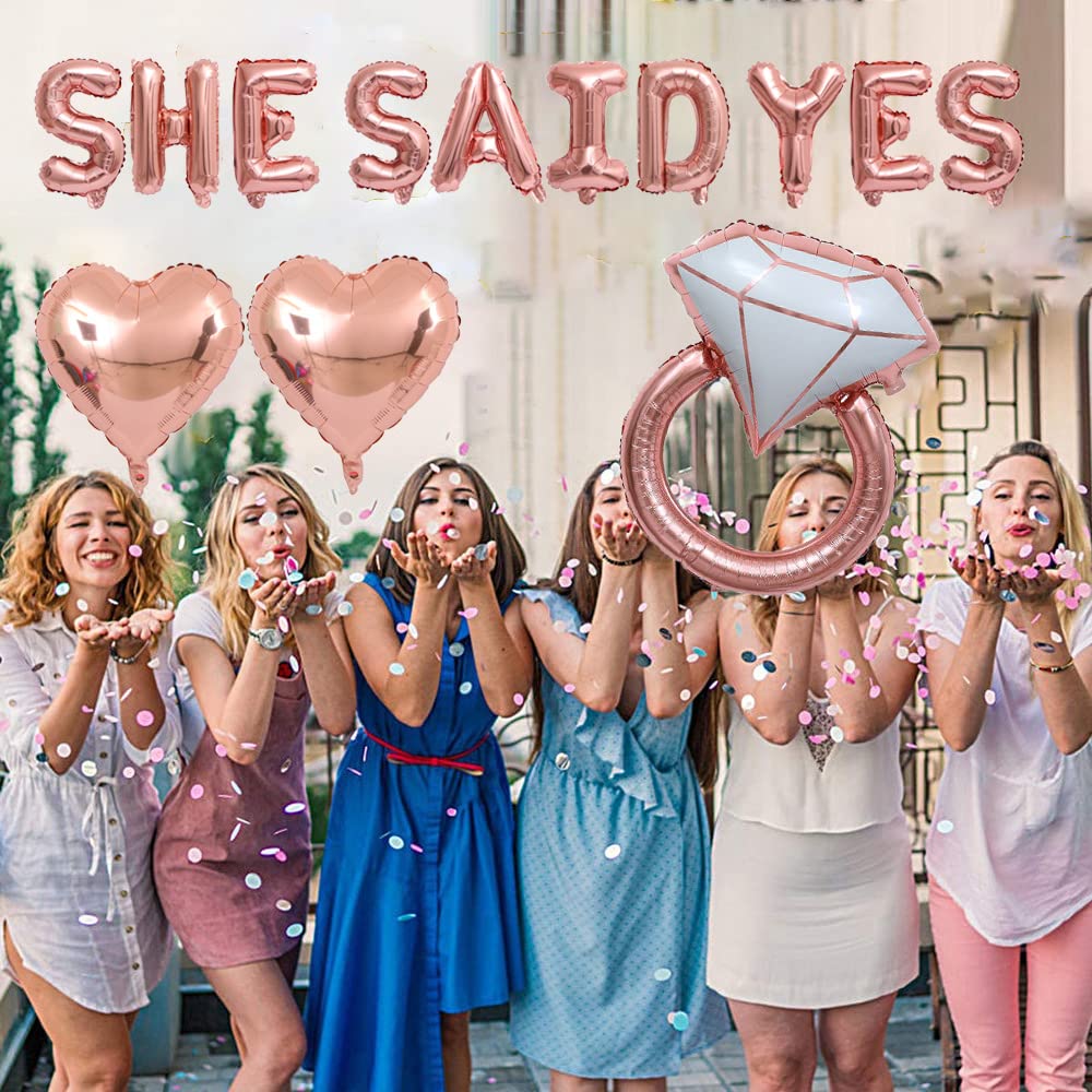 KUNGOON She Said Yes Banner Balloons,Funny Rose Gold Balloon Sign for Wedding Engagement Bridal Shower Bachelorette Hen Party Decoration,Diamond Ring Foil Sign Photo Props.(Rose Gold)