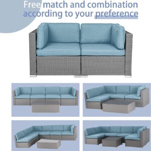 SUNCROWN 2-Piece Outdoor Patio Furniture Corner Sofa Set All-Weather Wicker Sectional Loveseats with Washable Cushions, Sky Blue