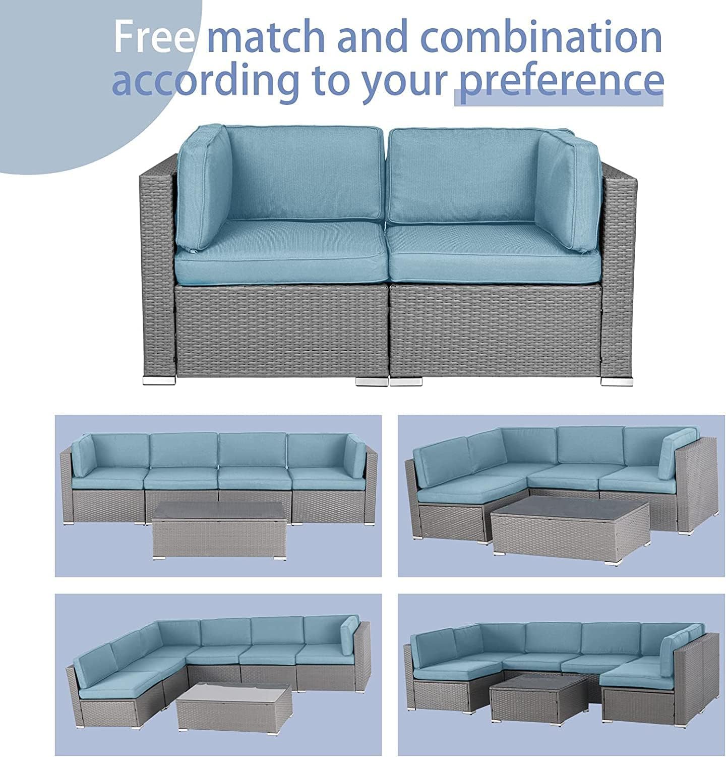 SUNCROWN 2-Piece Outdoor Patio Furniture Corner Sofa Set All-Weather Wicker Sectional Loveseats with Washable Cushions, Sky Blue