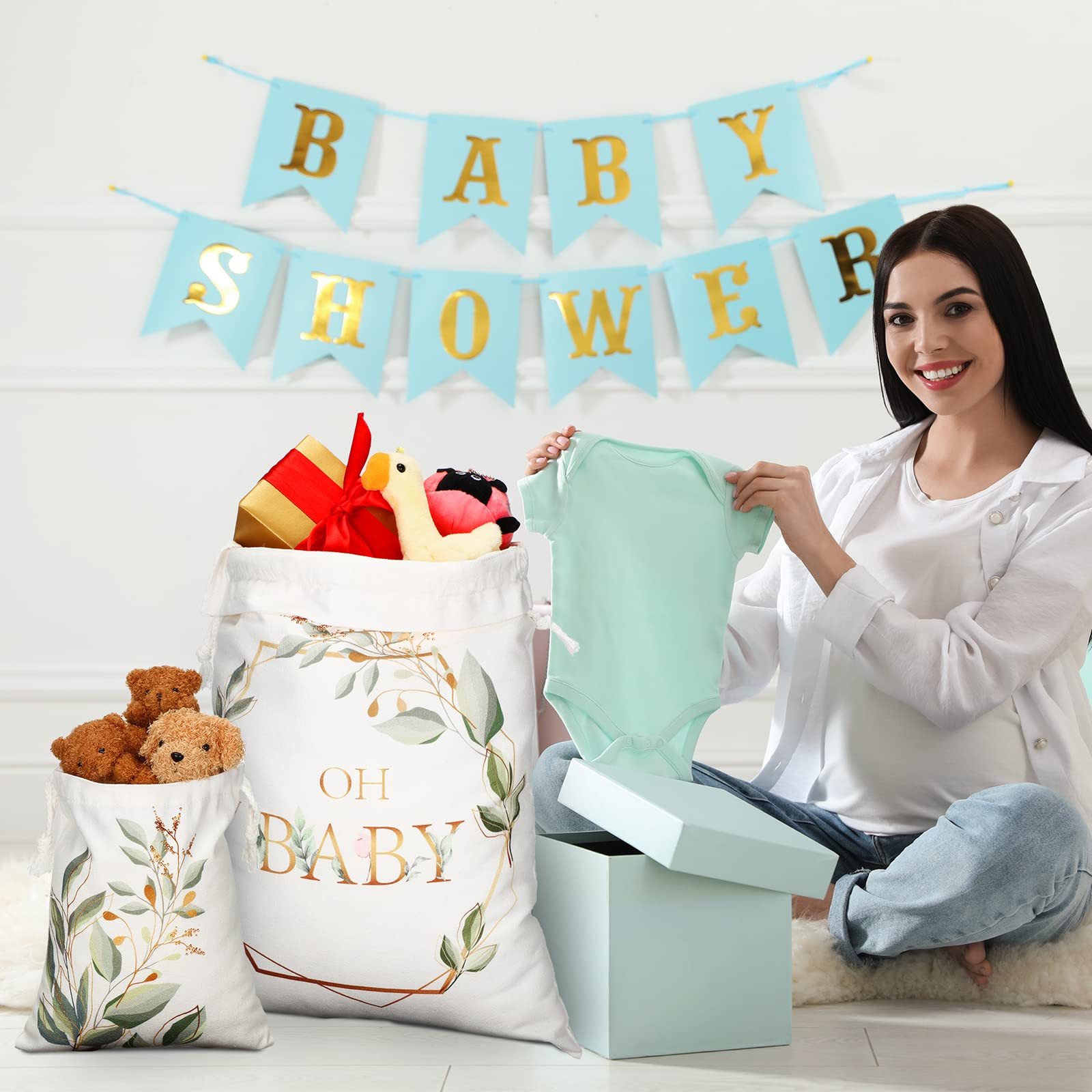 Tudomro 4 Pieces Large Gift Bag with Drawstring Baby Shower Canvas Gift Bags Greenery Print Birthday Gift Bags Reusable Gift Wrap Bags for Baby Shower Party Favors, 2 Sizes