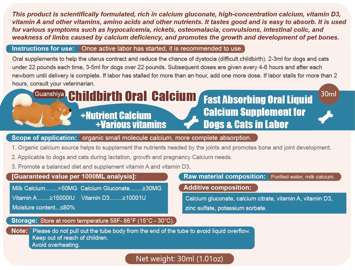 Oral Calcium Supplement for Dogs & Cats in Labor-for Whelping, Nursing, Calcium Deficiency- Fast Absorbing, Keeping Energetic, Supporting Efficient Delivery(30 ml Liquid)