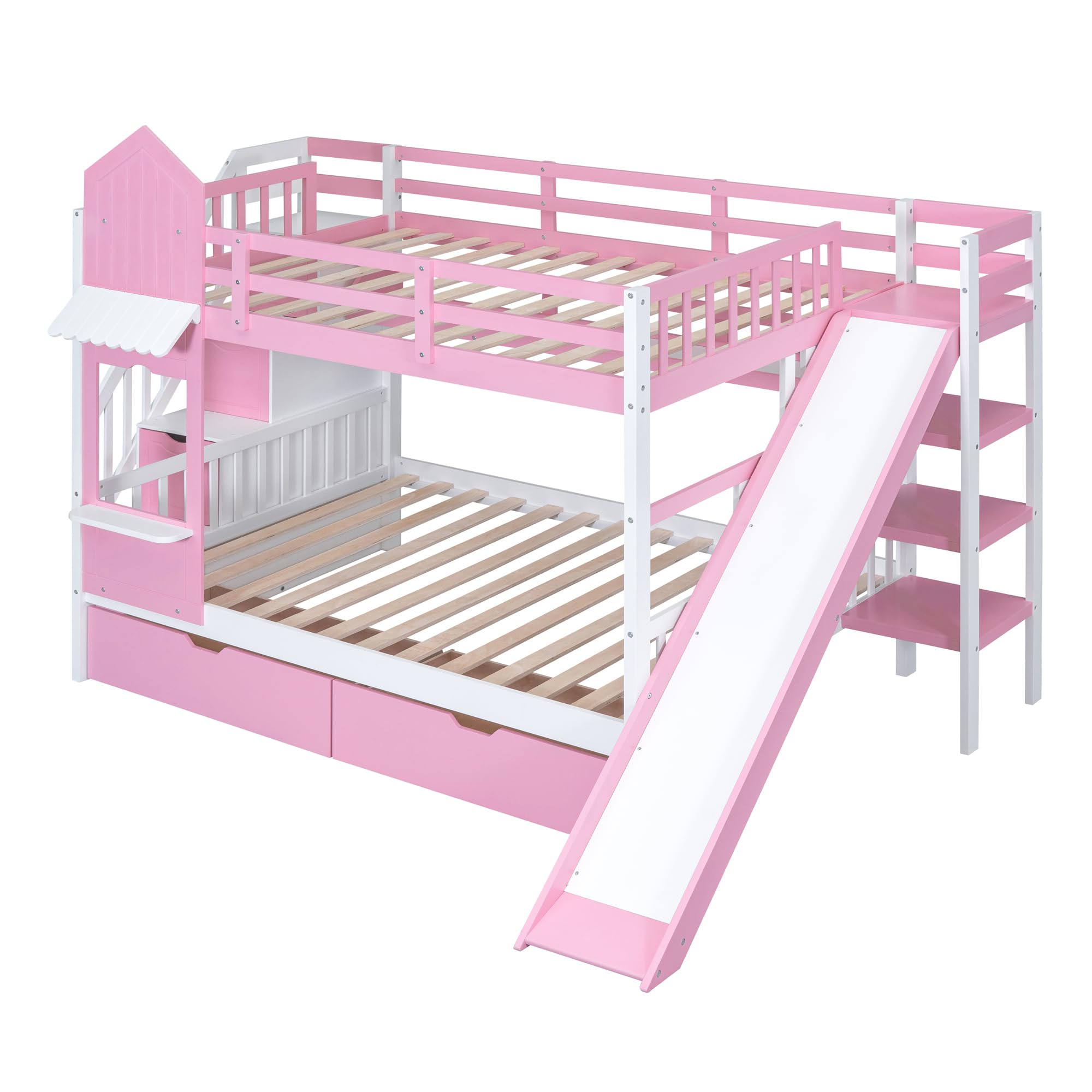 Kids Bunk Bed with Stairs and Slide, Wood Full Over Full Bunk Bed with Storage Drawers and Shelves, Castle Style Bunk Beds for Kids Teens Girls Boys, Pink