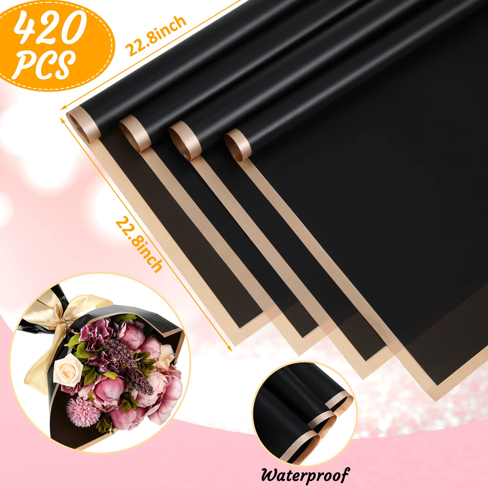 Yahenda 420 Sheet Black Flower Wrapping Paper Flower Bouquet Wrapping Paper Sheets with Gold Edge Korean Style Wrapping Paper for DIY Craft Gift Package Decoration Floral Supplies, 23 x 23 Inch