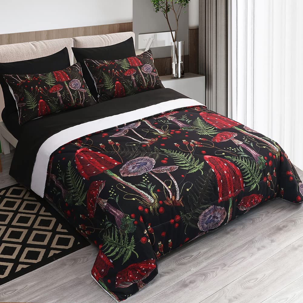 Gusuhome 7 Piece Mushroom Comforter Set King Size Mushroom Bedding Set Bed in A Bag 3D Plants Black Boho Quilt Set for Kid Boys Girls Teens Woman Adults All Season