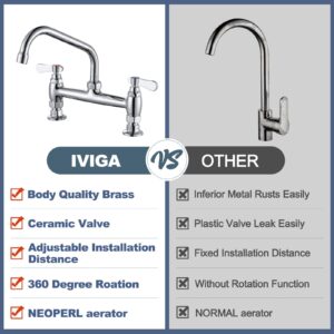 iVIGA Commercial Sink Faucet with 8” Swivel Spout & Supply Lines, 8" Center Deck Mount Kitchen Faucet, Dual Handles Brass Utility Sink Faucet for Laundry Room Restaurant Compartment Sink, Polish