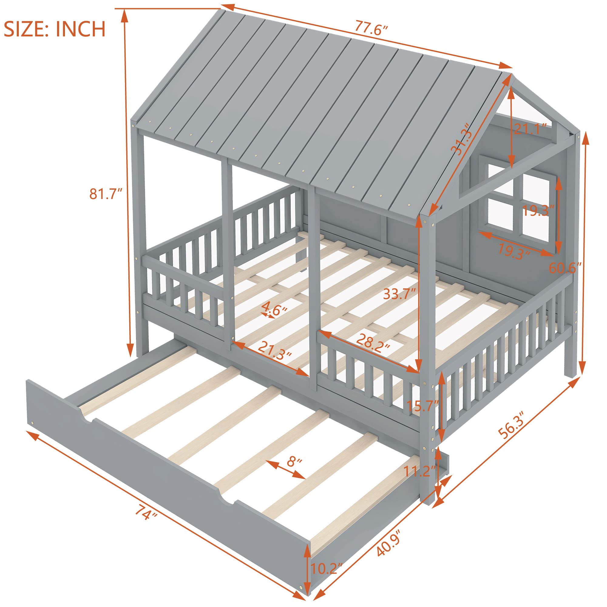 Harper & Bright Designs Full House Bed with Trundle, Wood Kids Trunlde Bed Full with Rails,Windows and Roof,Full Bed Frames with Trundle Playhouse Bed Frame for Girls Boys (Full,Grey)