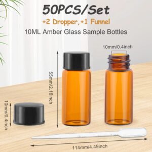 50 Pack,10ml (0.3 oz) Amber Glass Essential Oil Bottle with Screw Caps,Empty Refillable Travel Glass Liquid Sample Vial Labs Preservation Storage Vials Test Container-FREE Funnel&Dropper