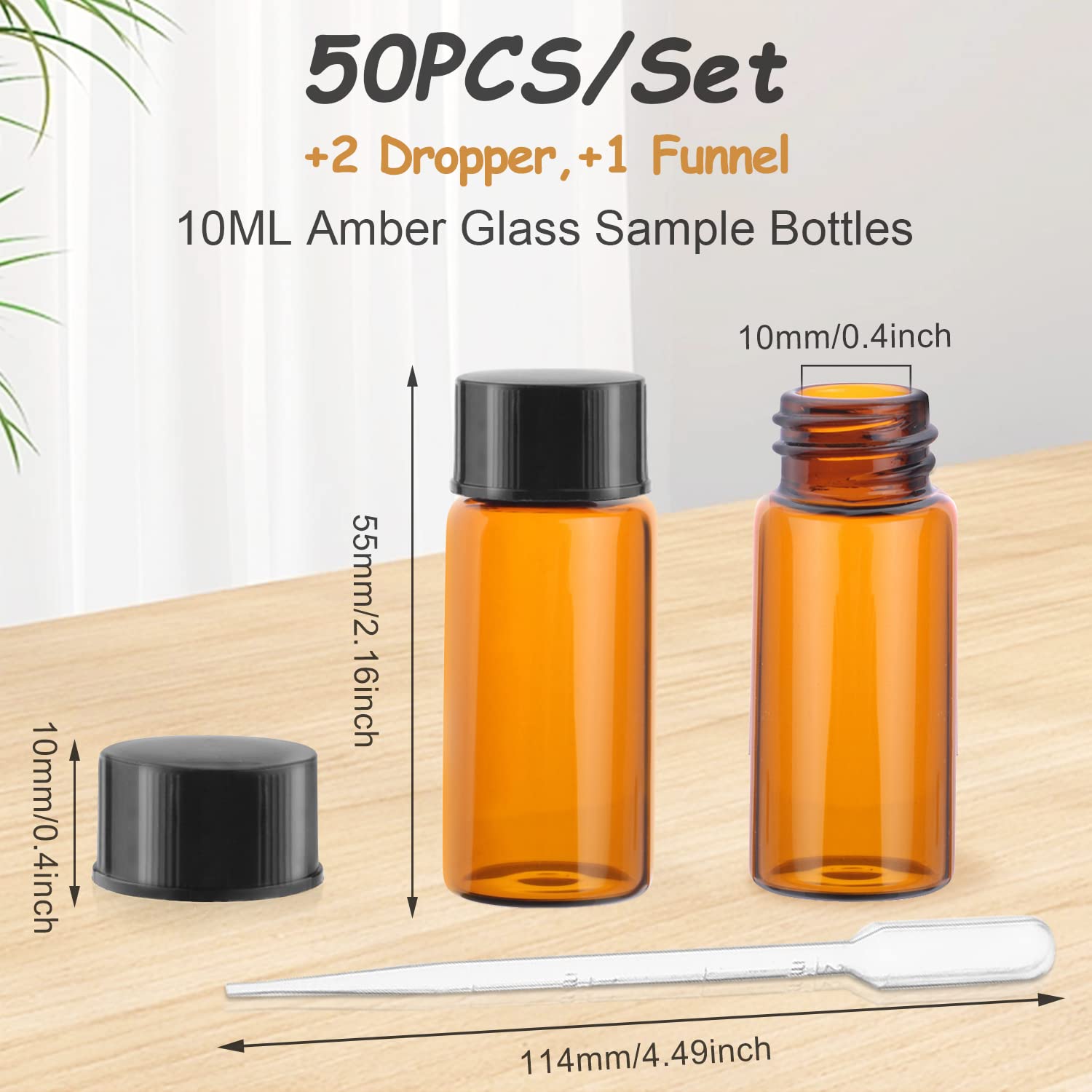 50 Pack,10ml (0.3 oz) Amber Glass Essential Oil Bottle with Screw Caps,Empty Refillable Travel Glass Liquid Sample Vial Labs Preservation Storage Vials Test Container-FREE Funnel&Dropper