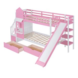 SIYSNKSI Twin-Over-Twin Castle Style Bunk Bed with 2 Drawers and 3 Shelves, Wood Bunk Bed Frame with Slide and Storage Staircase for Kids Teens Boys Girls, Maximize Space Savings (Pink-Twin-3)