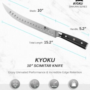 KYOKU 10" Scimitar Knife, Samurai Series Cimitar Breaking Knife with Pakkawood Handle, Japanese High Carbon Steel Butcher Knife, Full Tang Meat Slicing Knife for Roast Ham Poultry with Sheath and Case