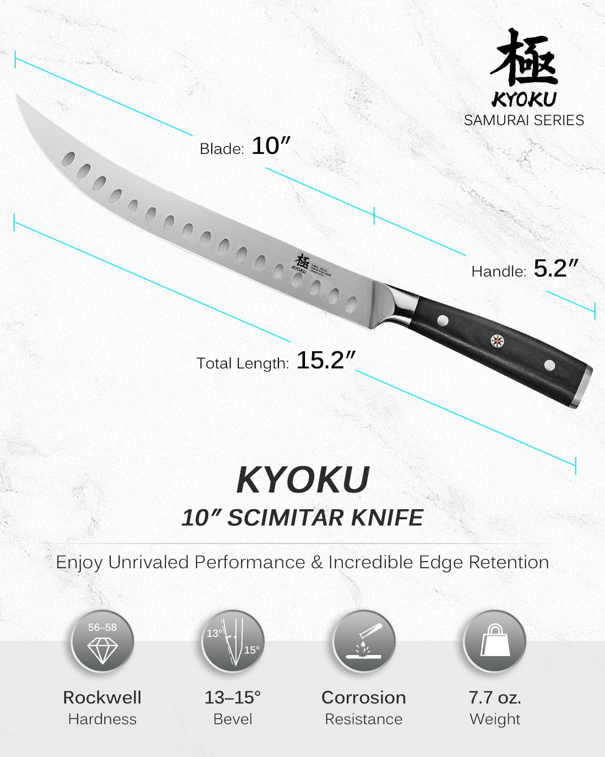 KYOKU 10" Scimitar Knife, Samurai Series Cimitar Breaking Knife with Pakkawood Handle, Japanese High Carbon Steel Butcher Knife, Full Tang Meat Slicing Knife for Roast Ham Poultry with Sheath and Case