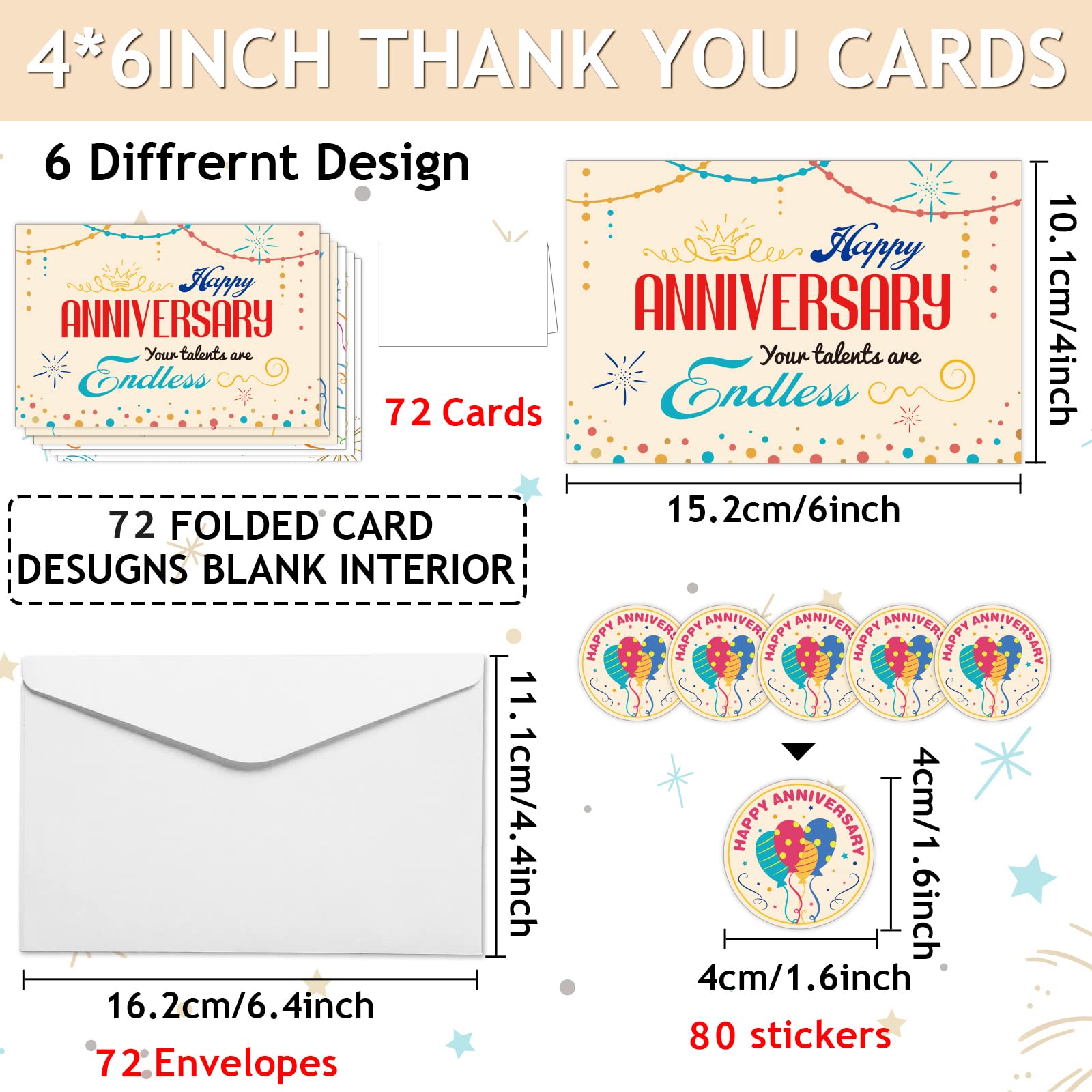 72Sets Employee Anniversary Cards Business Employee Thank You Cards Encouragement Work Team Greeting Cards 6 Different Design Card Notecards Staff Appreciation Anniversary Cards including 36Pcs