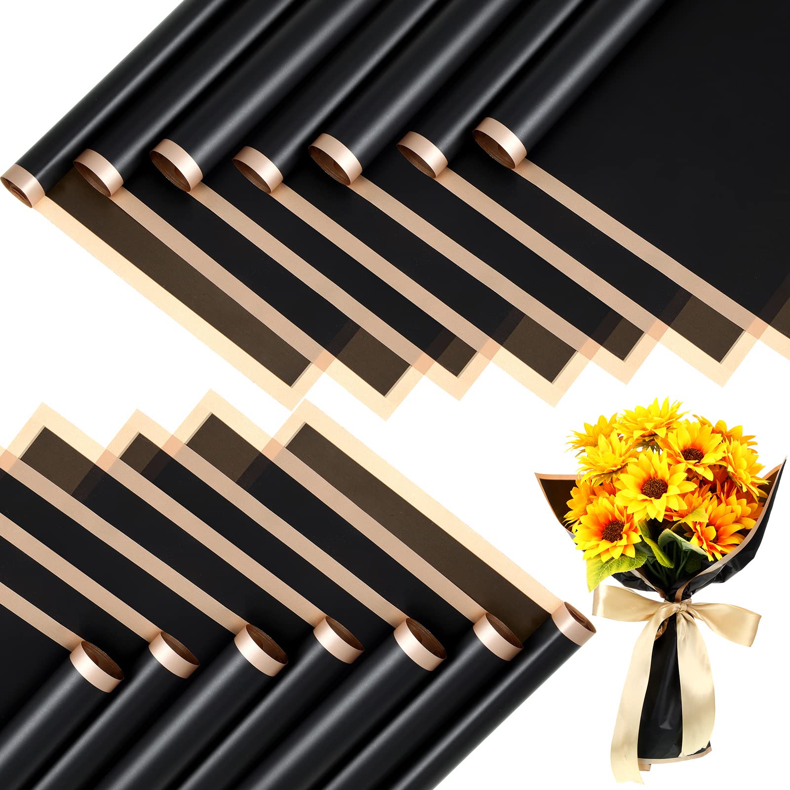 Yahenda 420 Sheet Black Flower Wrapping Paper Flower Bouquet Wrapping Paper Sheets with Gold Edge Korean Style Wrapping Paper for DIY Craft Gift Package Decoration Floral Supplies, 23 x 23 Inch