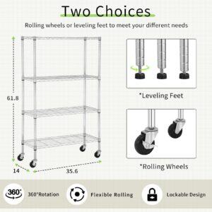 YYkokocat 4 Tier Shelving Unit 62" H Adjustable Metal Shelves w/Wheels Heavy Duty Storage Shelf 1400Lb Capacity Garage Shelving Storage Wire Shelving for Kitchen, 36" L x 14" D x 62" H, Chrome