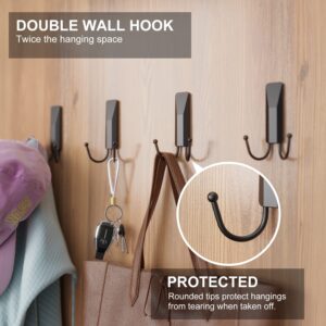 RICHER HOUSE Black Double Wall Hooks for Hanging, 4 Pack Removable Adhesive Wall Hooks with 5 Strips, Organize Damage-Free Sticky Hooks, Plastic Utility Hooks Heavy Duty for Coat, Towel, Hat, Key