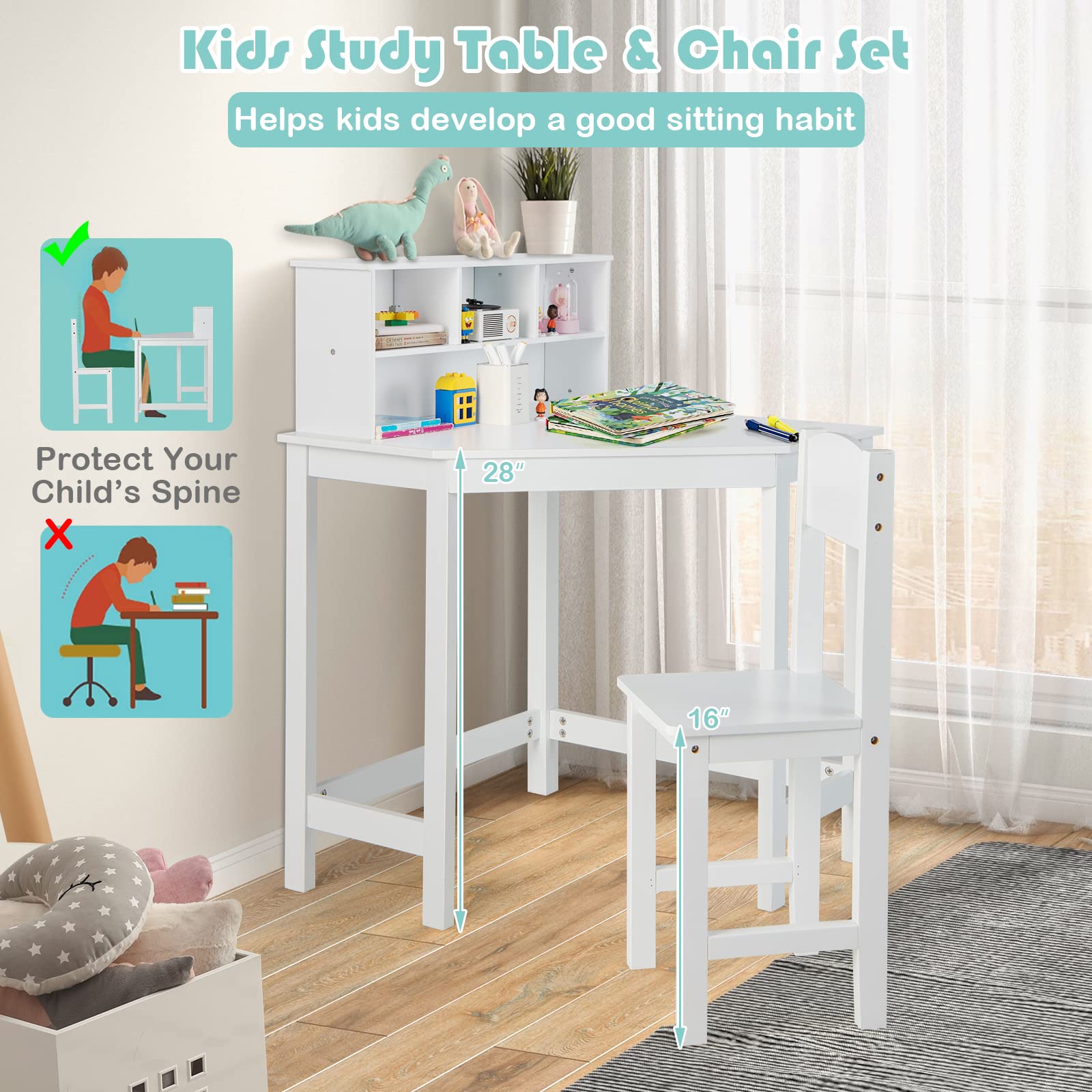 Costzon Kids Desk and Chair Set, White Corner Desk with Hutch for Small Space, Bedroom, Children School Study Table, Student Computer Workstation, Space Saving Writing Desk for Kids