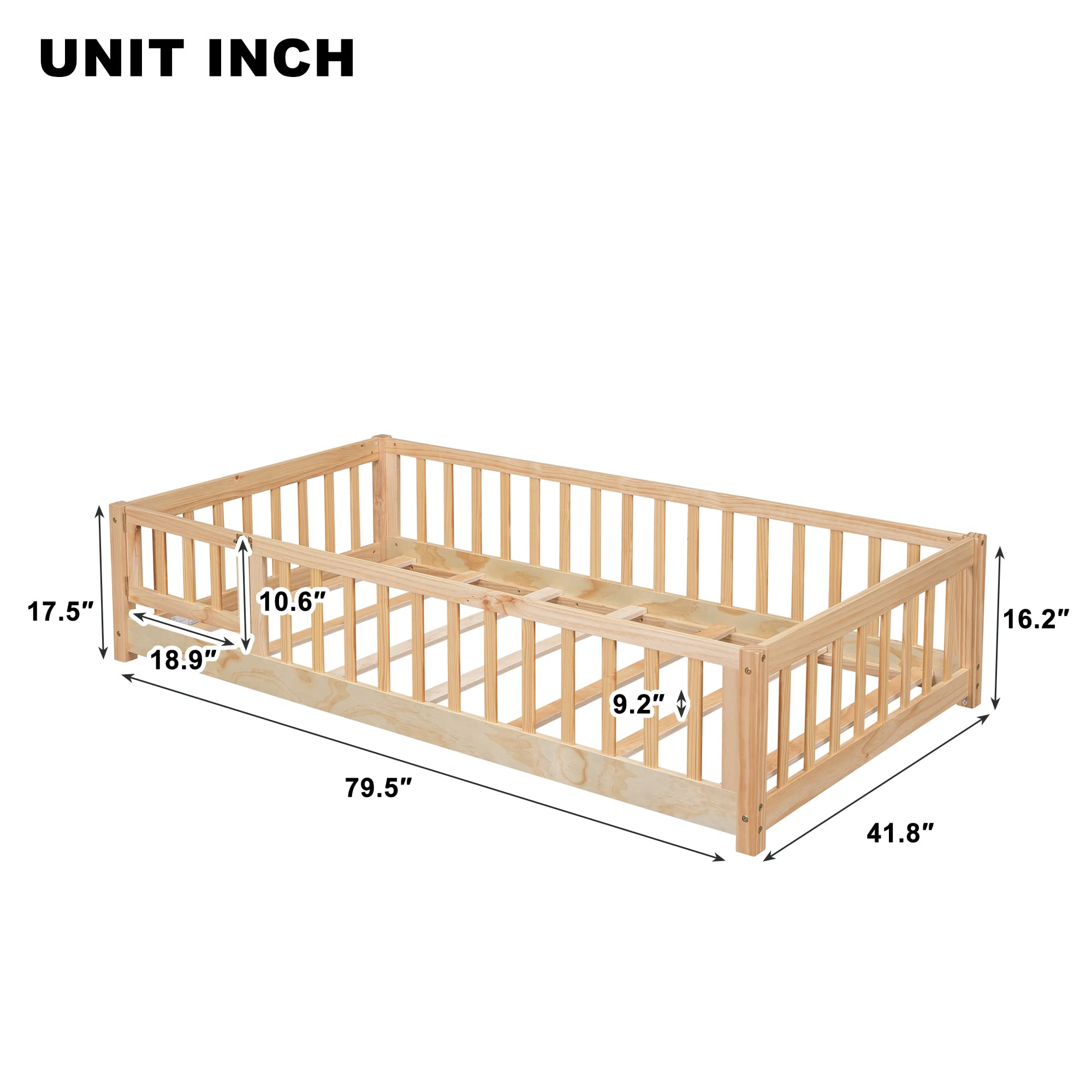 Twin Size Floor Bed Frame for Kids Wood Montessori Floor Beds with Fence Railings & Support Slats, Twin Playhouse Bed for Boys Girls, No Box Spring Needed, Natural