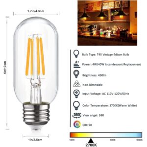 MMBGJKG Dimmable T45 LED Edison Bulb,2700K Warm White,5W Antique Tubular LED Filament Bulbs,60 Watt Equivalent E26 Base,Pack of 4