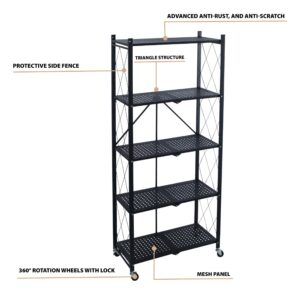 Organize It All Foldable Metal Rack with Wheels | Dimensions: 27.875"x 13.25"x 63.28"| 5 Tier | Holds Maximum 440 Pounds | Home Organization | Black