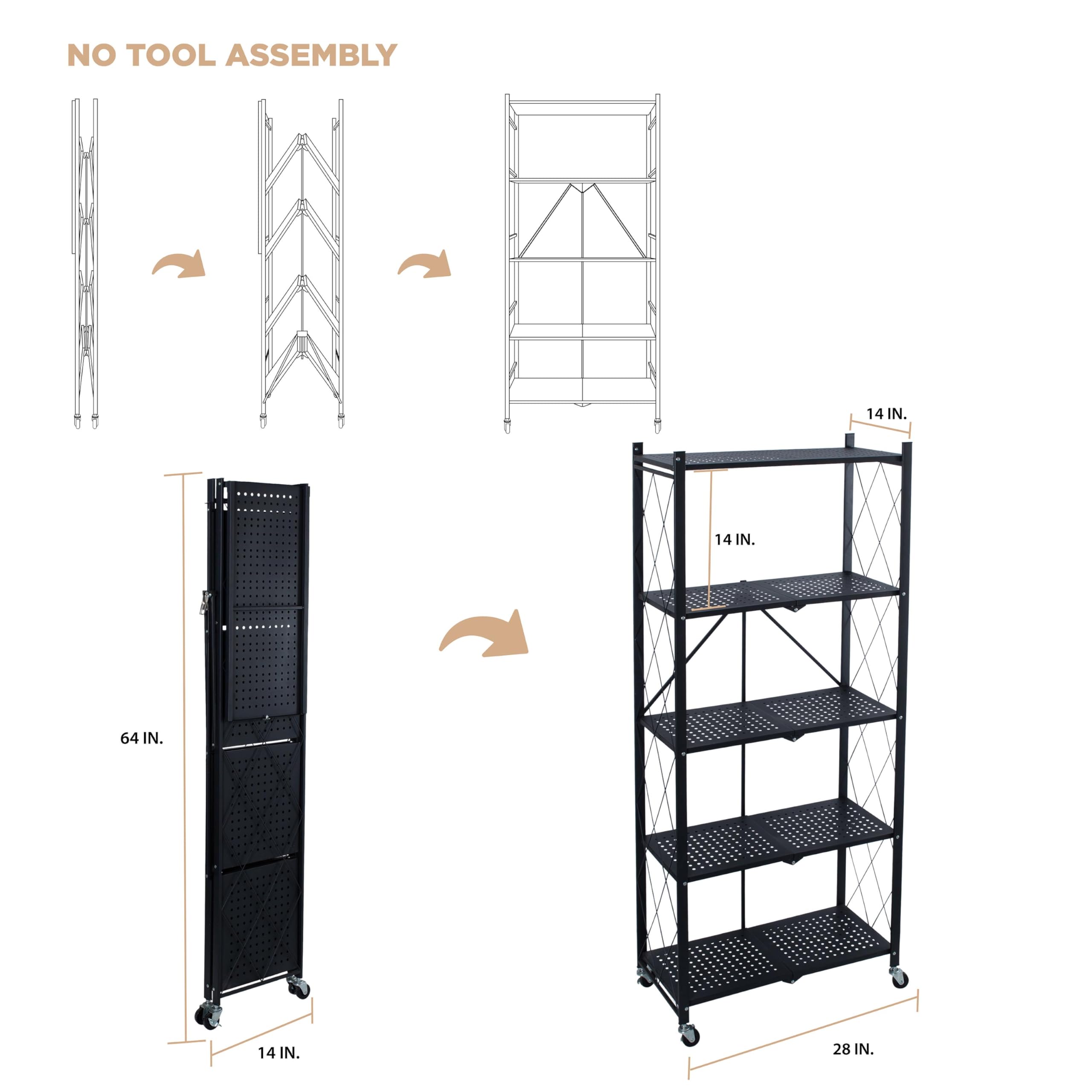 Organize It All Foldable Metal Rack with Wheels | Dimensions: 27.875"x 13.25"x 63.28"| 5 Tier | Holds Maximum 440 Pounds | Home Organization | Black