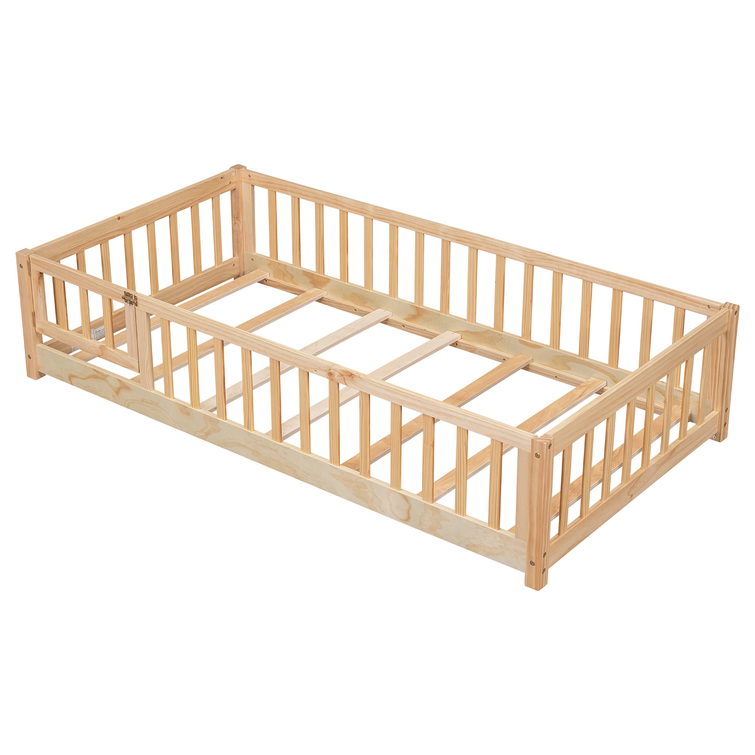 Twin Size Floor Bed Frame for Kids Wood Montessori Floor Beds with Fence Railings & Support Slats, Twin Playhouse Bed for Boys Girls, No Box Spring Needed, Natural