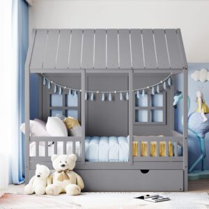 Harper & Bright Designs Full House Bed with Trundle, Wood Kids Trunlde Bed Full with Rails,Windows and Roof,Full Bed Frames with Trundle Playhouse Bed Frame for Girls Boys (Full,Grey)