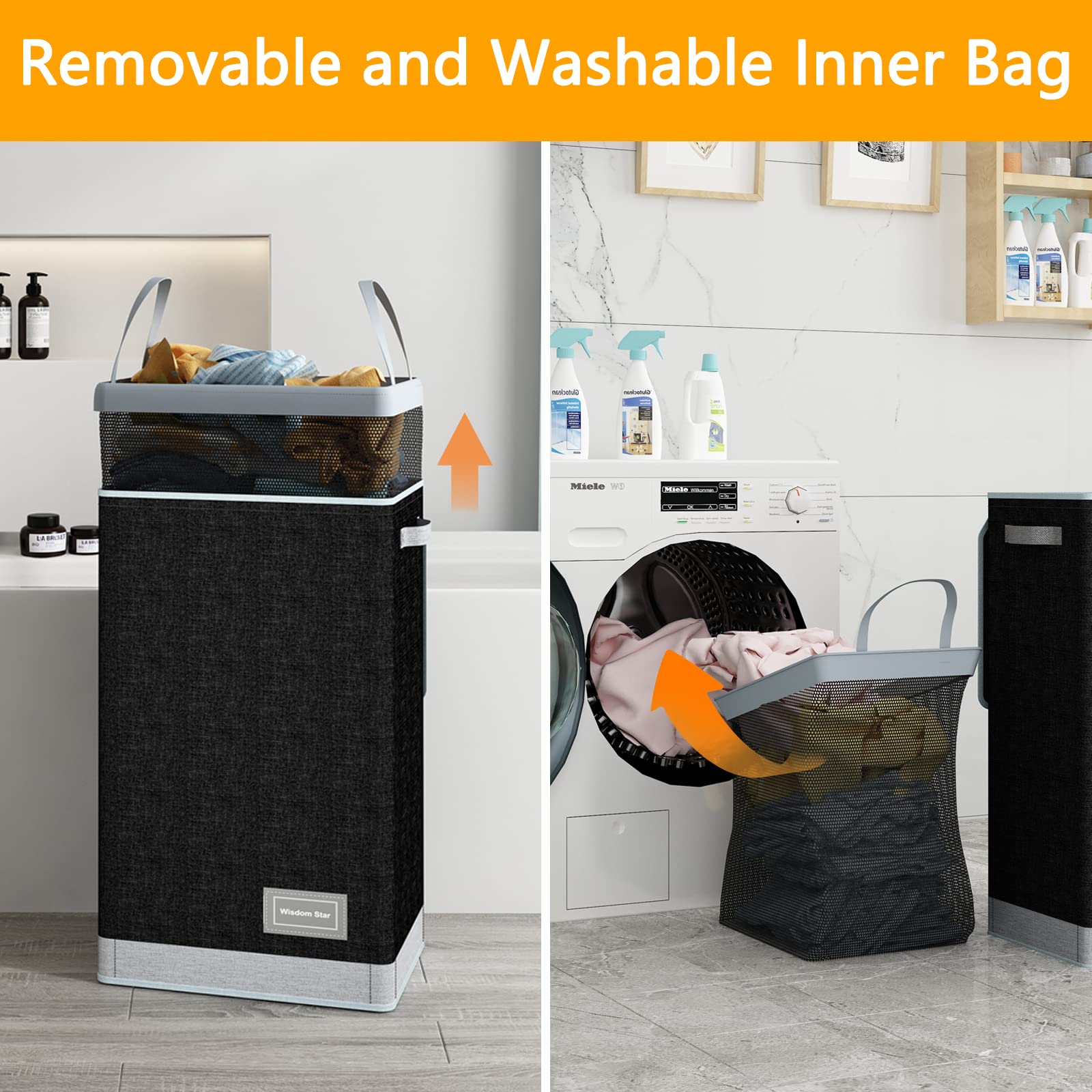 Wisdom Star Large Laundry Basket with Lid, 100L Waterproof Laundry Hamper with Removable Laundry Bag, Collapsible Laundry Baskets with Extended Handles for Bedroom, Bathroom, Dorm, Laundry Room, Black